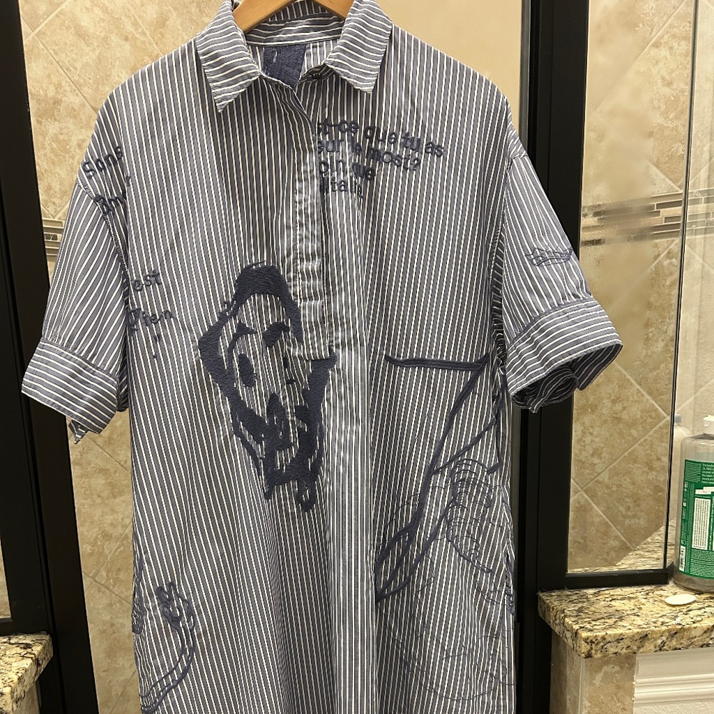 JNBY Blue Striped Embroidered Cotton Shirt Dress; Sz 100/84A (Fits Like M/L)